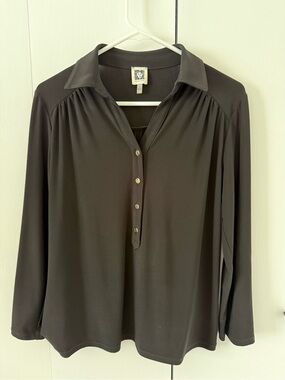 Anne Klein Black Button-Front Long Sleeve Blouse